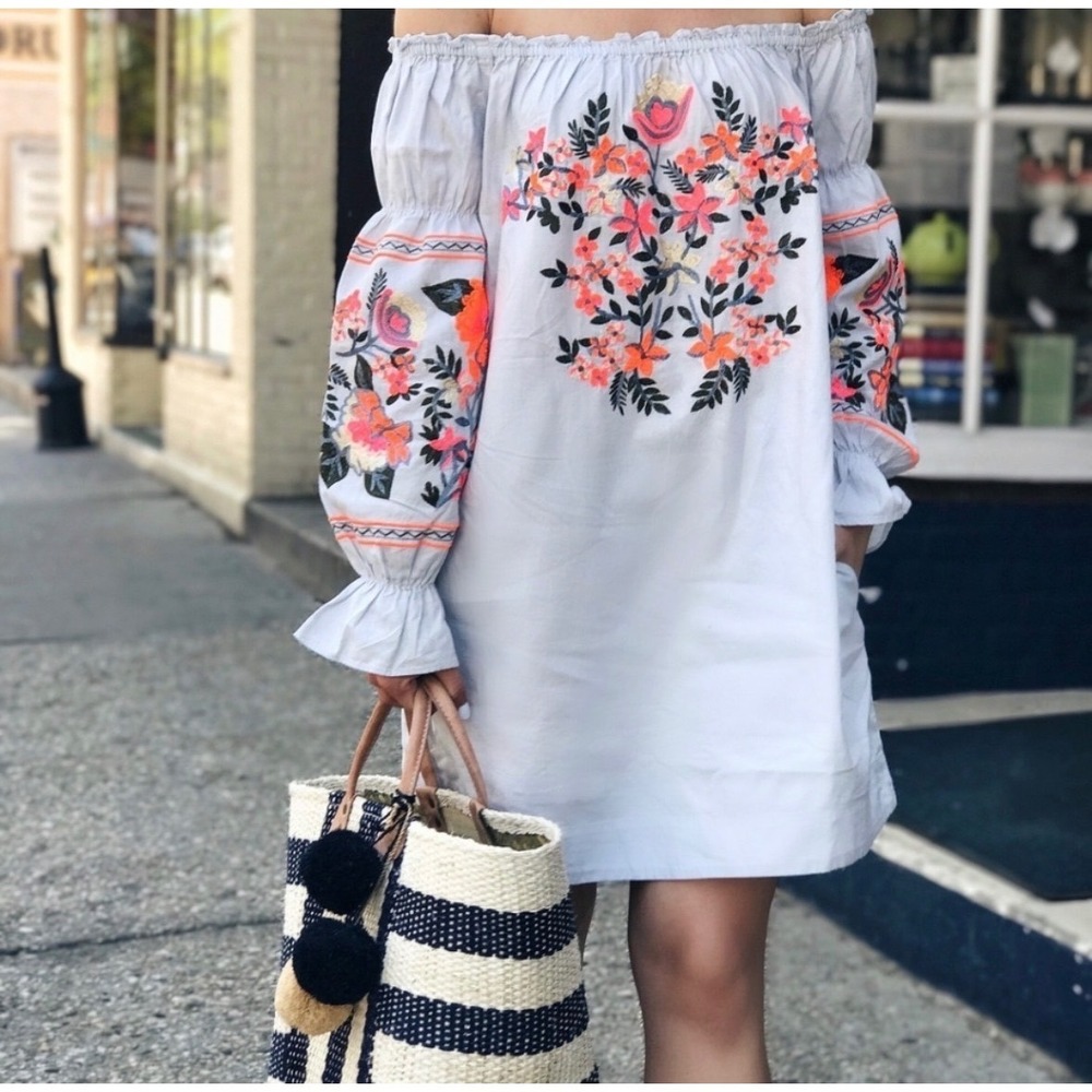 Free People Embroidered Off The Shoulder Mini Dress Blue Floral Boho Small d1